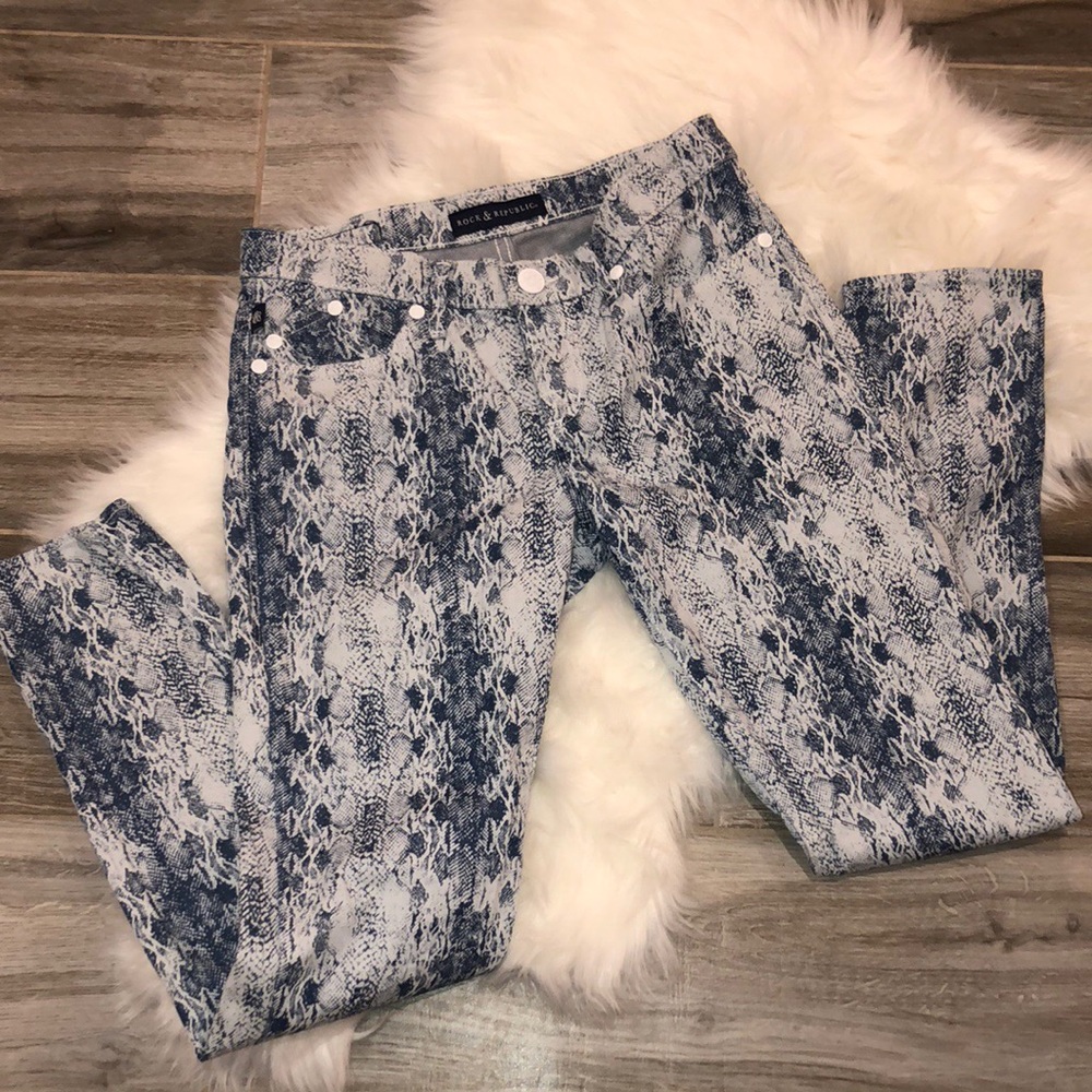 Rock & Republic snakeskin print skinny jeans.